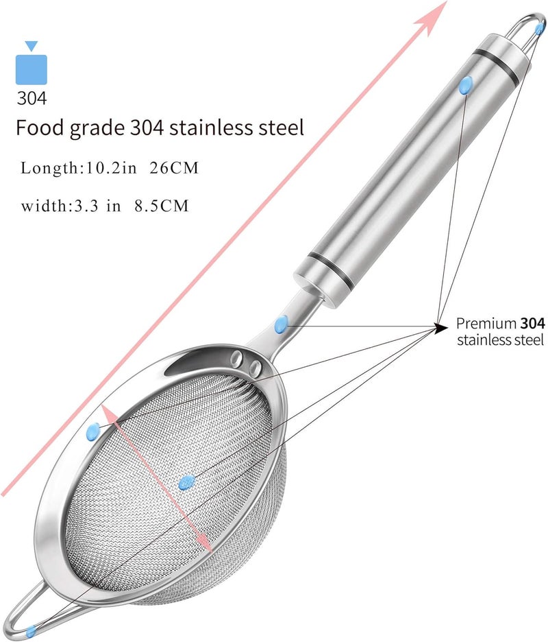 SUNWUKIN 304 Stainless Steel Fine Mesh Strainers for Kitchen, Colander-Skimmer with Handle, Sieve Sifters for Food, Tea, Rice, Oil, Noodles, Fruits, Vegetable - Image 2