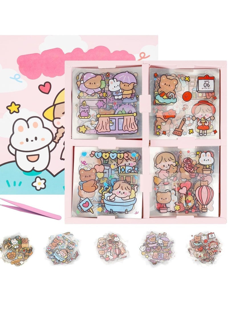 100 PCS Stickers Set, Sheets Small Pieces Cute PET Transparent Cartoon Character Animal Flower Decorative Scrapbook Sticker Decal for DIY Arts Crafts, Album, Planners, Calendars and Notebook  - Image 2