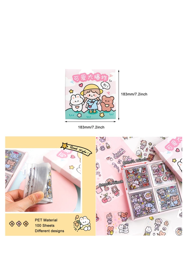 100 PCS Stickers Set, Sheets Small Pieces Cute PET Transparent Cartoon Character Animal Flower Decorative Scrapbook Sticker Decal for DIY Arts Crafts, Album, Planners, Calendars and Notebook  - Image 3