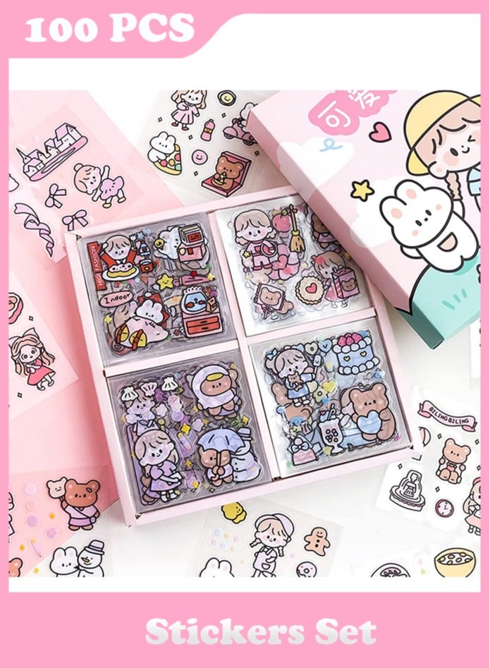 100 PCS Stickers Set, Sheets Small Pieces Cute PET Transparent Cartoon Character Animal Flower Decorative Scrapbook Sticker Decal for DIY Arts Crafts, Album, Planners, Calendars and Notebook  - Image 1