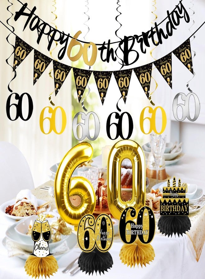 Guiruiy 13PCS 60th Birthday Decorations for Men Women, Black Gold Happy 60 Birthday Banner Centerpieces Swirls Balloons Kit Party Supplies, Sixty Years Old Bday Ceiling Table Topper Decor - Image 4