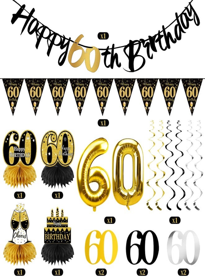 Guiruiy 13PCS 60th Birthday Decorations for Men Women, Black Gold Happy 60 Birthday Banner Centerpieces Swirls Balloons Kit Party Supplies, Sixty Years Old Bday Ceiling Table Topper Decor - Image 3