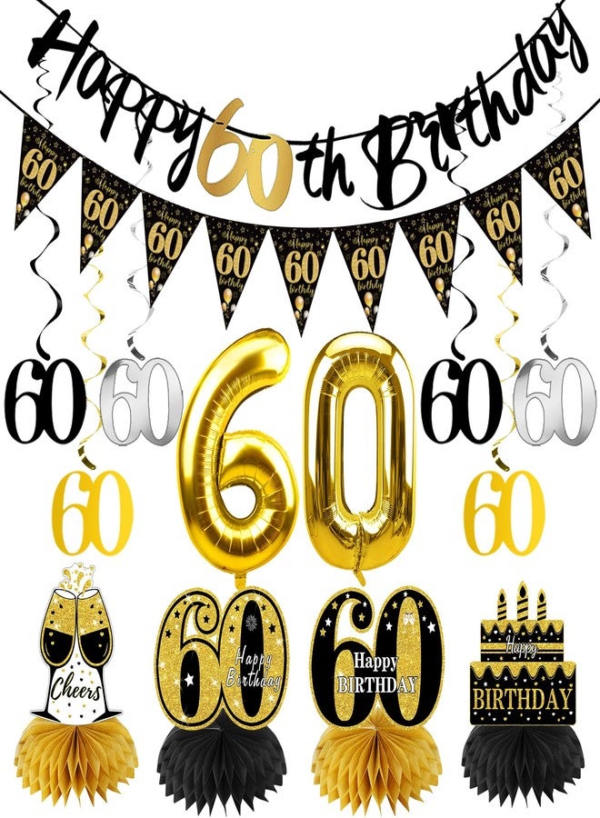 Guiruiy 13PCS 60th Birthday Decorations for Men Women, Black Gold Happy 60 Birthday Banner Centerpieces Swirls Balloons Kit Party Supplies, Sixty Years Old Bday Ceiling Table Topper Decor - Image 1