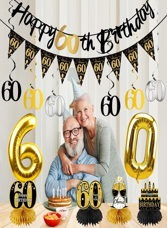 Guiruiy 13PCS 60th Birthday Decorations for Men Women, Black Gold Happy 60 Birthday Banner Centerpieces Swirls Balloons Kit Party Supplies, Sixty Years Old Bday Ceiling Table Topper Decor - Image 5