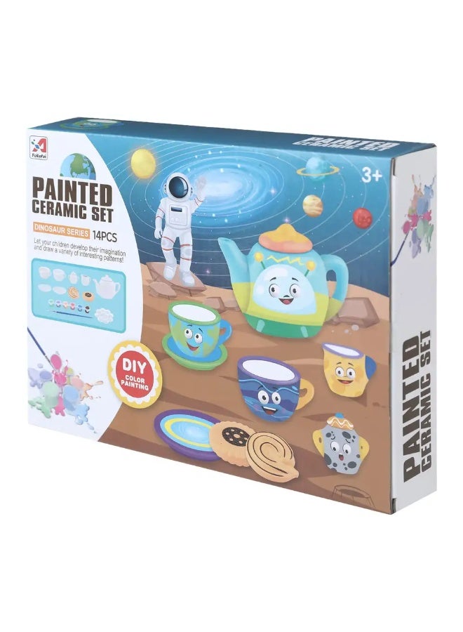 Generic valueable 1 Children's Ceramic Tea Set for Coloring - 14-Piece Creative "DIY" Art Set with Colors and Brushes to Develop Drawing and Imagination Skills - Image 1