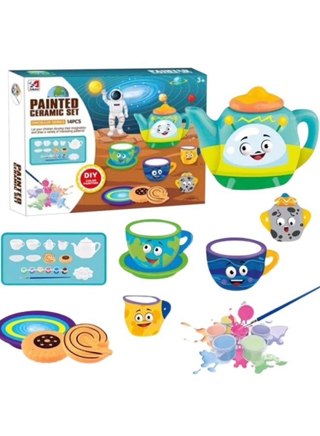 Generic valueable 1 Children's Ceramic Tea Set for Coloring - 14-Piece Creative "DIY" Art Set with Colors and Brushes to Develop Drawing and Imagination Skills - Image 2