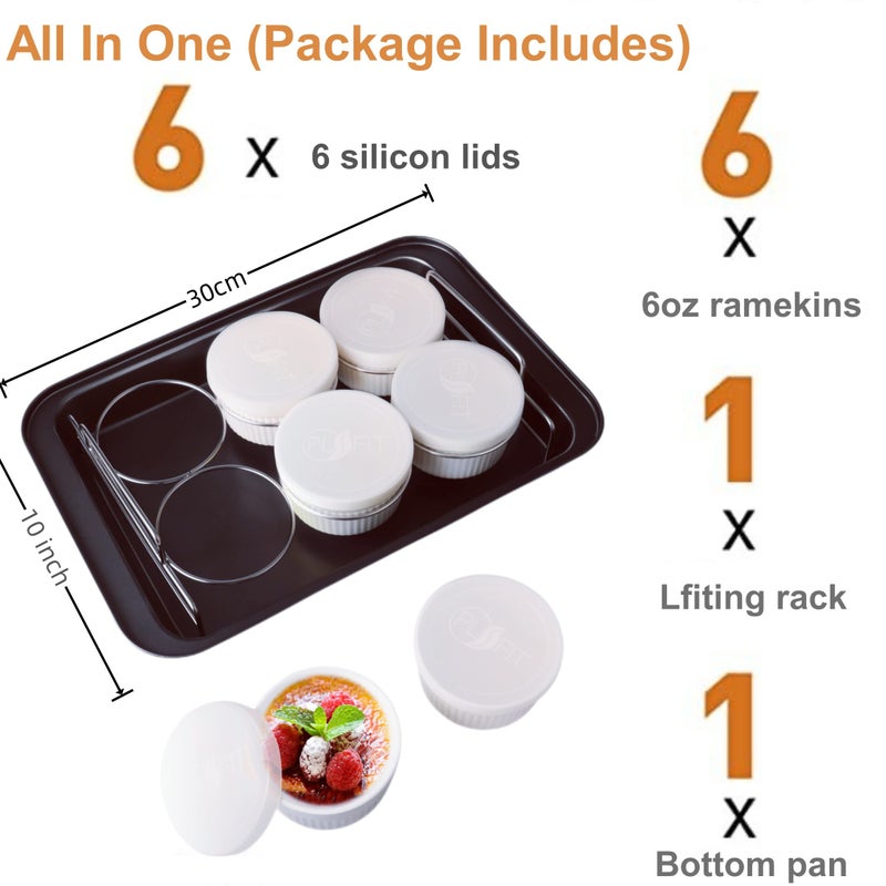 PLSFIT Ramekins Set with 6 Silicone Lids, Mothers Day Gifts Creme Brulee Making Set, Set of 6 Porcelain Ramekins, Oven Safe Covered Bowls & Soufflé Ramiken - Image 3