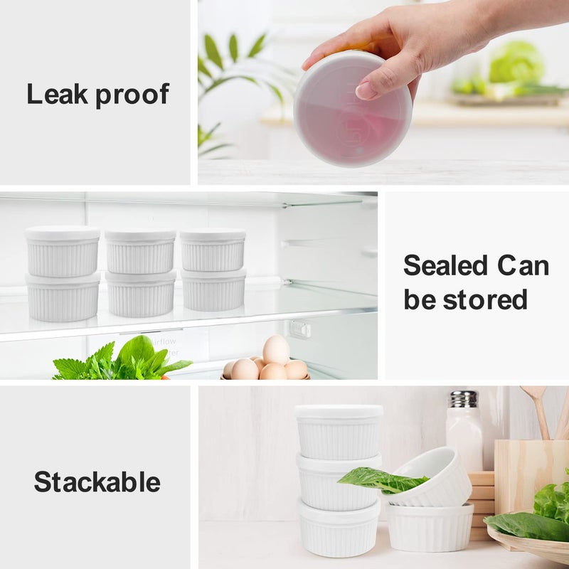 PLSFIT Ramekins Set with 6 Silicone Lids, Mothers Day Gifts Creme Brulee Making Set, Set of 6 Porcelain Ramekins, Oven Safe Covered Bowls & Soufflé Ramiken - Image 5