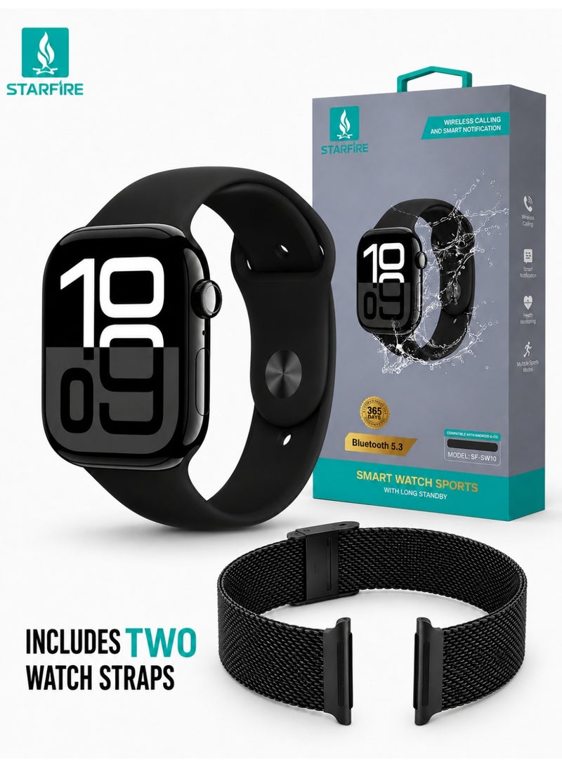 Starfire ساعة Smart Watch من Starfire SF-SW10، شاشة لمس كاملة 2.01 بوصة، 550 nits، شحن لاسلكي، IP65، أسود - Image 1