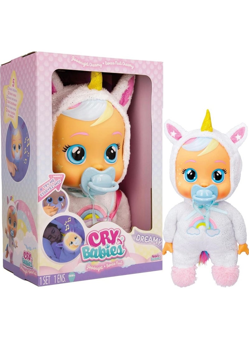 CRY BABIES دمية كراي بيبيز جودنايت دريمي ببي في بيجامة ذات طابع يونيكورن، تعمل بالبطارية | تصدر أكثر من 10 أصوات بيبي واقعية | تبكي دموع حقيقية | دمية تفاعلية | دمية ناعمة قابلة للجمع | لعب رعاية وتخيل | تطوير حسي | هدية للأطفال والرضع - Image 1