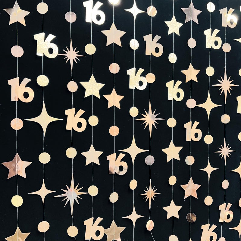 pinkblume Champagne Gold Number 16 Circle Dot Twinkle Star Garland Streamer Bunting Banner Backdrop Decorations for Girls Happy 16th Birthday Sweet Sixteen 16th Anniversary Cheers to 16 Years Party Decor - Image 4