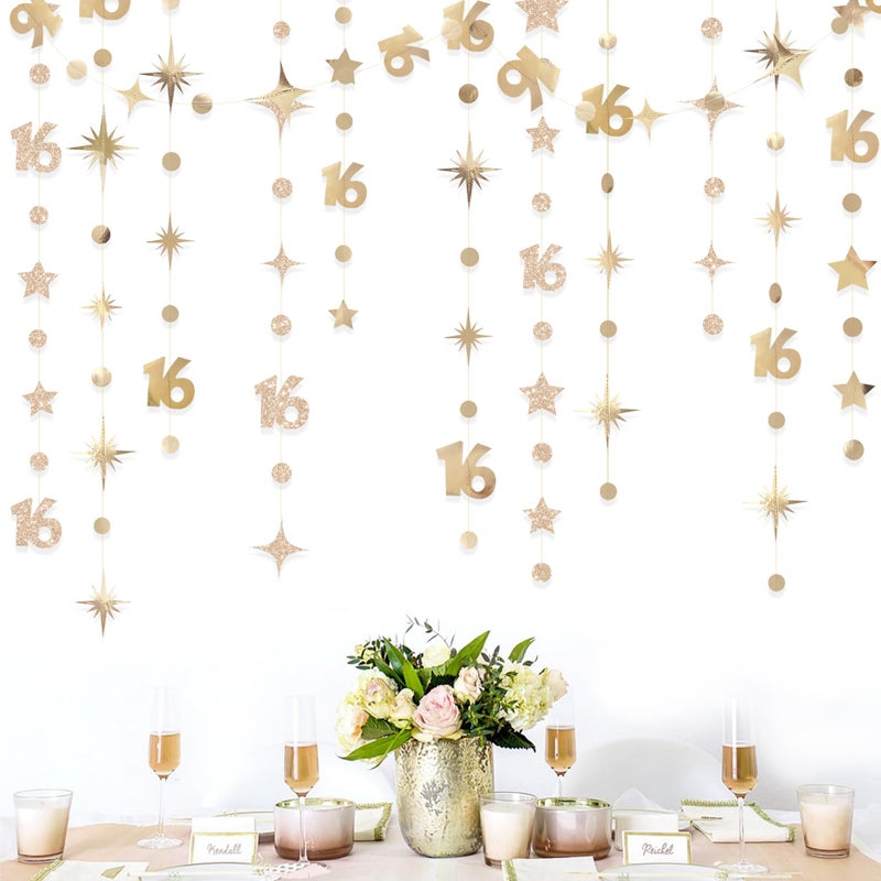 pinkblume Champagne Gold Number 16 Circle Dot Twinkle Star Garland Streamer Bunting Banner Backdrop Decorations for Girls Happy 16th Birthday Sweet Sixteen 16th Anniversary Cheers to 16 Years Party Decor - Image 1