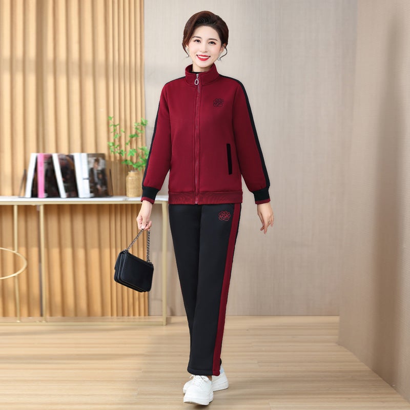 Middle-aged Womens fleece-lined Thickened Sports suit 40-year-old Mother Winter New Casual Two-piece Winter Womens Western Style Wine red - Image 1