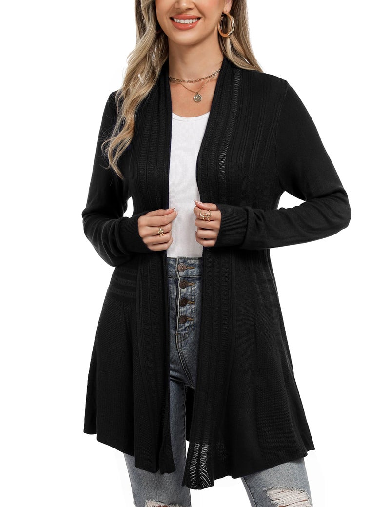 iClosam Women Spring Open Front Cardigans Long Sleeve Lightweight Crochet Knit Cardigan Sweater Black - Image 2