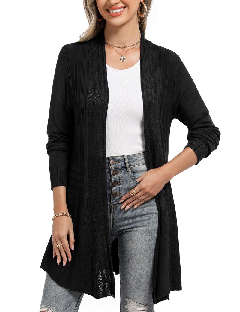 iClosam Women Spring Open Front Cardigans Long Sleeve Lightweight Crochet Knit Cardigan Sweater Black - Image 1