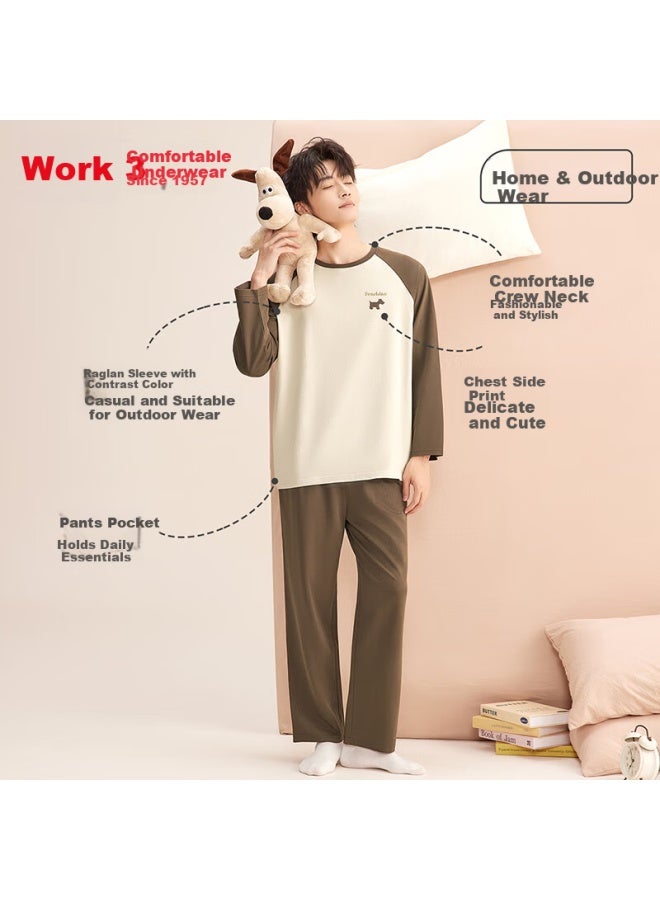 HOdo Hongdou Autumn Winter Pure Cotton 7a Antibacterial Casual Men's Raglan Pajamas Crew Neck Homewear - Image 2