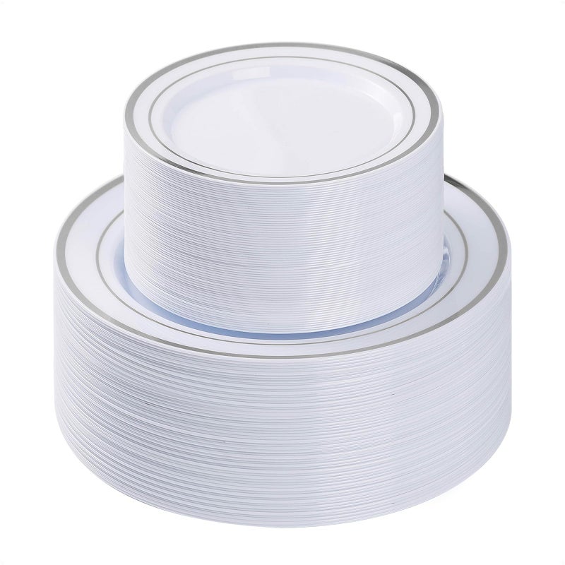 BESTVIP 100PCS Silver Plastic Plate  Disposable Party Plates with 50 Dinner Plates and 50 Dessert Plates  Plastic Plates for Party  Wedding and Birthday - Image 1