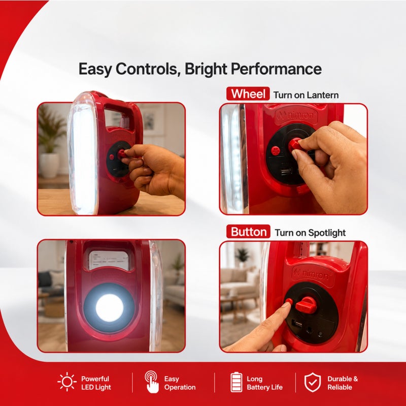 nimron Rechargeable Emergency Lantern – 36 PCS SMD LED Light with Solar Panel Input, Power Bank USB Port & Long Battery Life – Portable 2-Way Charging for Home, Camping & Outdoors – Red - Image 4