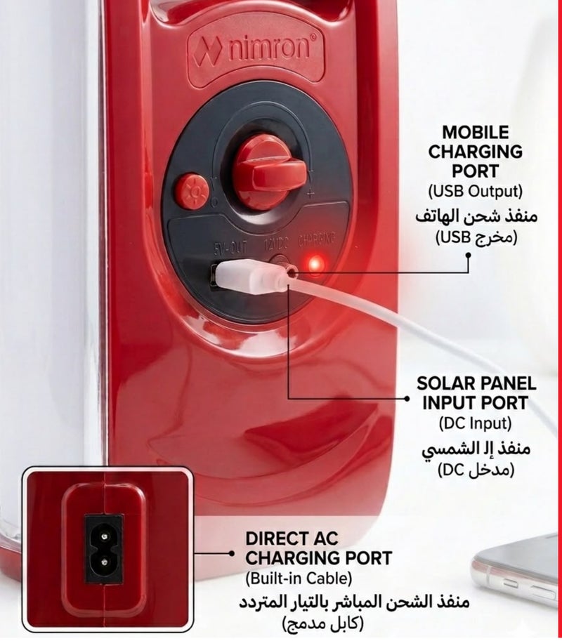 nimron Rechargeable Emergency Lantern – 36 PCS SMD LED Light with Solar Panel Input, Power Bank USB Port & Long Battery Life – Portable 2-Way Charging for Home, Camping & Outdoors – Red - Image 3