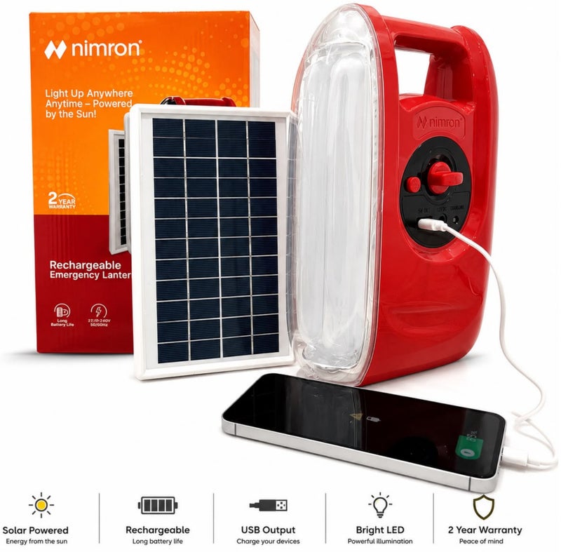 nimron Rechargeable Emergency Lantern – 36 PCS SMD LED Light with Solar Panel Input, Power Bank USB Port & Long Battery Life – Portable 2-Way Charging for Home, Camping & Outdoors – Red - Image 1