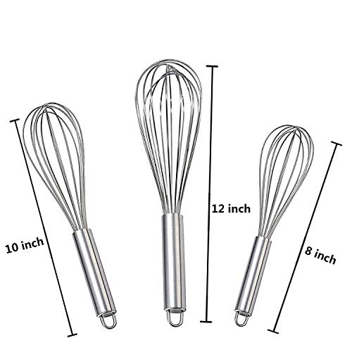 Fnoko Stainless Steel Whisk, Whisk Set with Measuring Spoon and 8"+10"+12" Wire Whisk for Cooking Blending, Beating, Stirring, Baking (5 Pack Silver) - Image 2