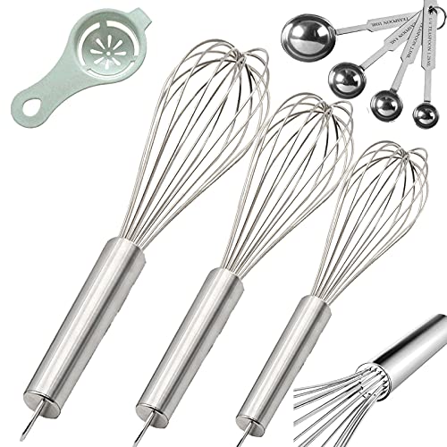Fnoko Stainless Steel Whisk, Whisk Set with Measuring Spoon and 8"+10"+12" Wire Whisk for Cooking Blending, Beating, Stirring, Baking (5 Pack Silver) - Image 1