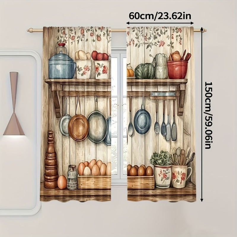 2pcs Vintage Farmhouse Kitchen Curtains 60x150cm Thermal Insulating Room Darkening Window Drapes Rustic Cooking Utensils Design Pots Pans Spatulas Farmhouse Decor for Kitchen Living Room Bedroom Office No Rod Needed Window Treatments Kitchen Themed Decor Durable Polyester - Image 3