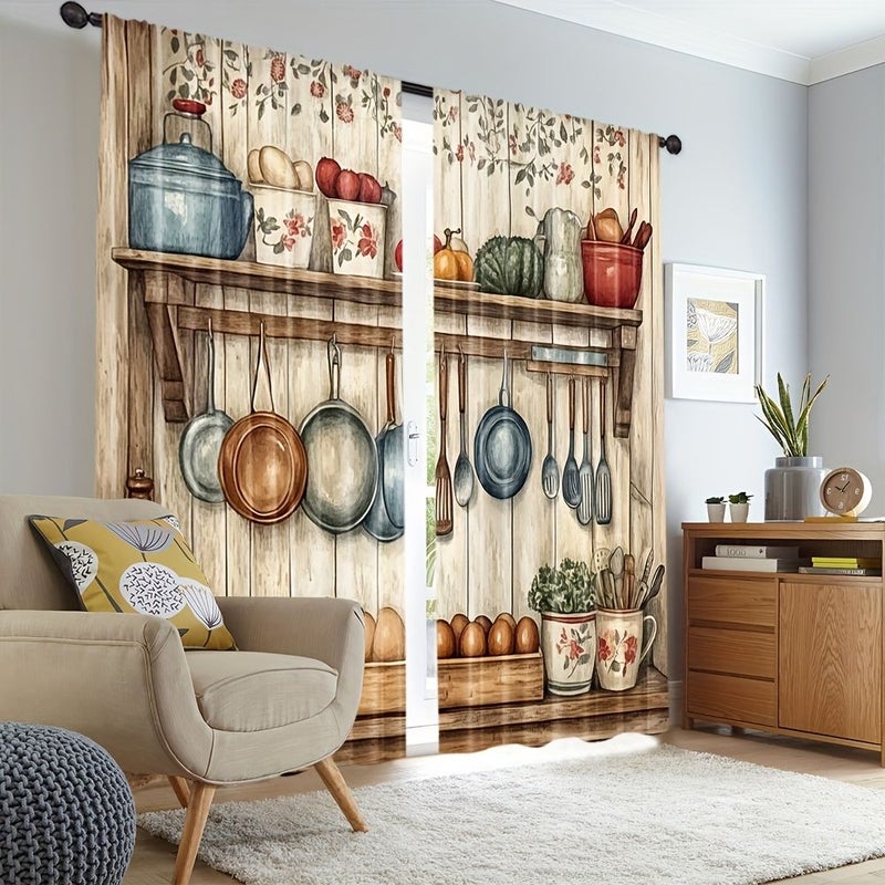 2pcs Vintage Farmhouse Kitchen Curtains 60x150cm Thermal Insulating Room Darkening Window Drapes Rustic Cooking Utensils Design Pots Pans Spatulas Farmhouse Decor for Kitchen Living Room Bedroom Office No Rod Needed Window Treatments Kitchen Themed Decor Durable Polyester - Image 1