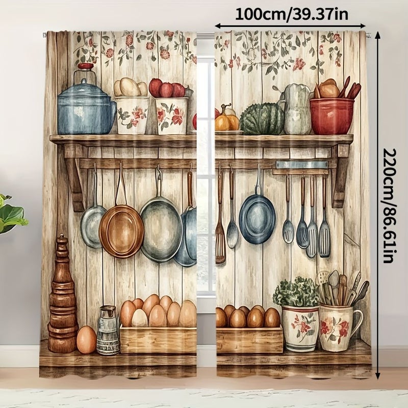 2pcs Vintage Farmhouse Kitchen Curtains 60x150cm Thermal Insulating Room Darkening Window Drapes Rustic Cooking Utensils Design Pots Pans Spatulas Farmhouse Decor for Kitchen Living Room Bedroom Office No Rod Needed Window Treatments Kitchen Themed Decor Durable Polyester - Image 5