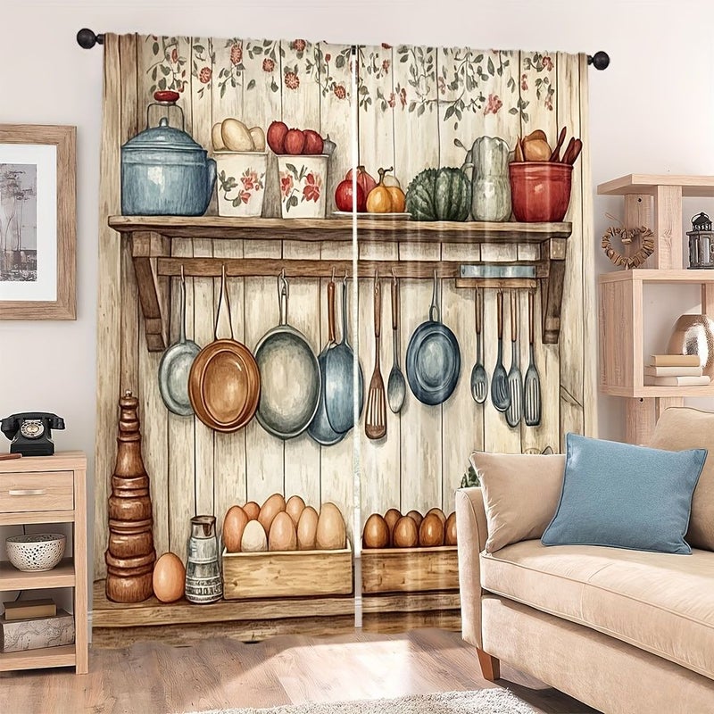 2pcs Vintage Farmhouse Kitchen Curtains 60x150cm Thermal Insulating Room Darkening Window Drapes Rustic Cooking Utensils Design Pots Pans Spatulas Farmhouse Decor for Kitchen Living Room Bedroom Office No Rod Needed Window Treatments Kitchen Themed Decor Durable Polyester - Image 2