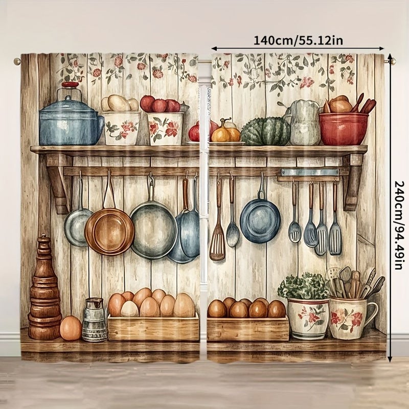 2pcs Vintage Farmhouse Kitchen Curtains 60x150cm Thermal Insulating Room Darkening Window Drapes Rustic Cooking Utensils Design Pots Pans Spatulas Farmhouse Decor for Kitchen Living Room Bedroom Office No Rod Needed Window Treatments Kitchen Themed Decor Durable Polyester - Image 4