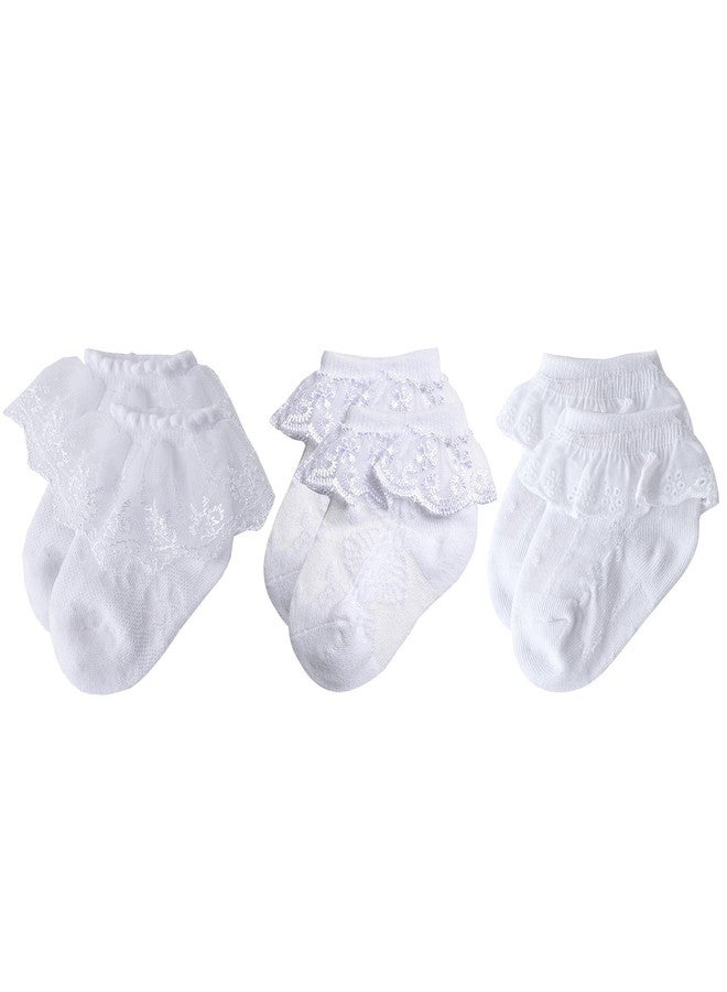 Epeius 3 Pair Pack Baby-Girls Eyelet Frilly Lace Socks Infant and toddler Girls White Princess Ankle Socks for 9-15 Months - Image 1