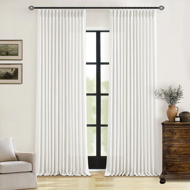 TWODRAPES Pinch Pleated Linen Curtains 96 Inches Long for Living Room Bedroom Light Filtering Boho Window Drape 96 inch 2 Panels with Hooks Rings 8ft Cream Beige White Sliding Glass Door Semi Sheer Curtain - Image 1