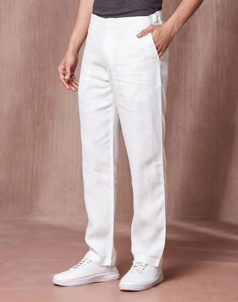 Fabindia White Linen 808 Straight Leg Pant