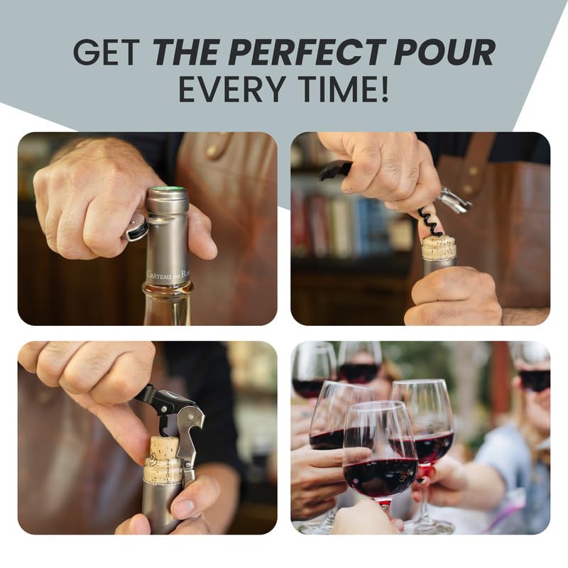 ERZA 2 in 1 Wine Bottle Opener, Corkscrew, with Stainless Steel Foil Cutter, for Waiters Bartenders Servers, Sommelier, Restaurant, Open Bottles, Beer, Multiuse, Compact, Black & Silver, Pack of 1 - Image 2