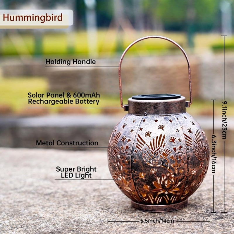 EXCMARK 2 Pack Outdoor Solar Hanging Lantern Lights Metal LED Decorative Lamp for Garden Patio Courtyard Lawn and Table with Hollowed-Out Design (Bronze Hummingbird) - Image 3