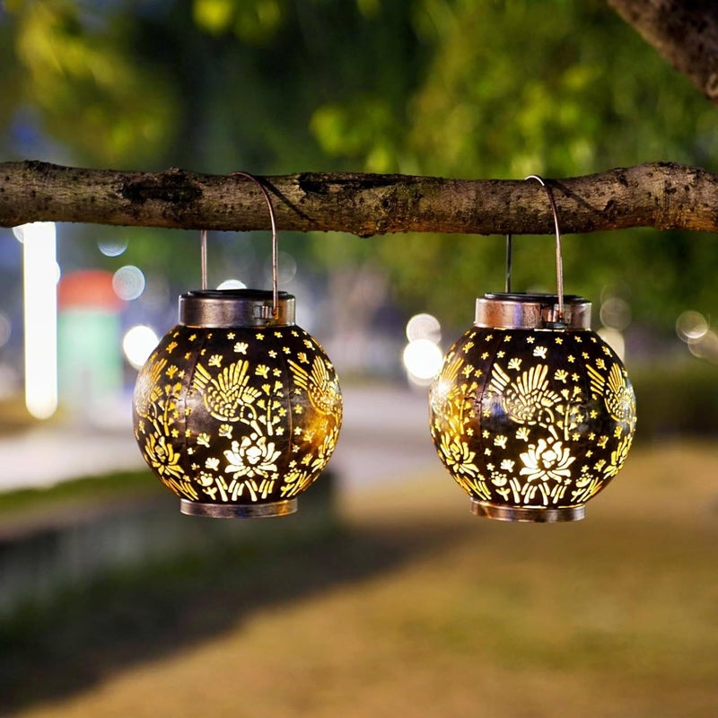 EXCMARK 2 Pack Outdoor Solar Hanging Lantern Lights Metal LED Decorative Lamp for Garden Patio Courtyard Lawn and Table with Hollowed-Out Design (Bronze Hummingbird) - Image 5