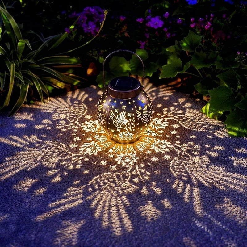 EXCMARK 2 Pack Outdoor Solar Hanging Lantern Lights Metal LED Decorative Lamp for Garden Patio Courtyard Lawn and Table with Hollowed-Out Design (Bronze Hummingbird) - Image 1