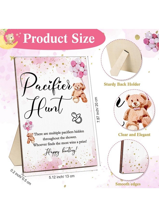Roowest 51 Pcs Pacifier Hunt Baby Shower Game, Include Wooden Hunt Sign Bear Themed Baby Shower Sign Board with 50 Acrylic Pacifier Game for Gender Reveal Party(Pink) - Image 1