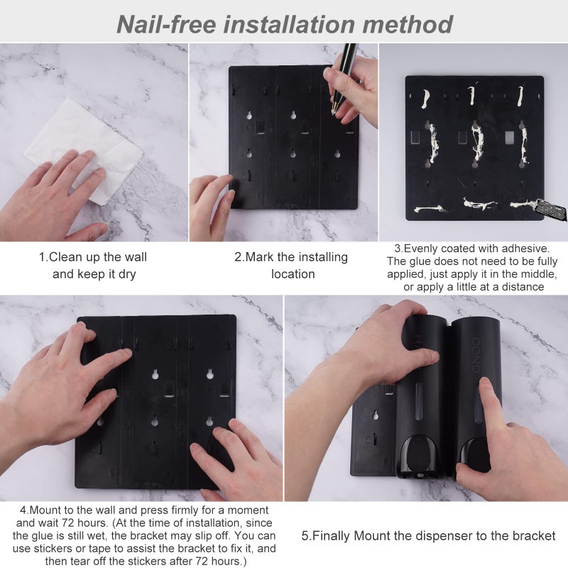 AUMIO Chamber Shower Soap Dispenser Trio Wall Mounted Shampoo and Conditioner Dispenser Set, No Drill for Bathroom Hotel, Black - Image 5