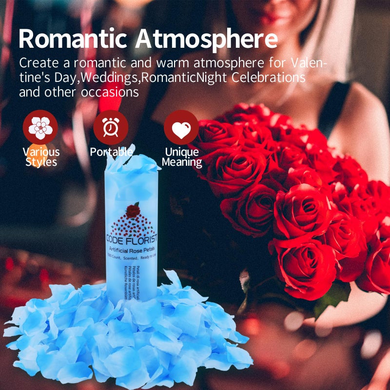 CODE FLORIST CODE FLORIST 1100 PCS Silk Rose Petals for Valentine's Day Fake Rose Petals for Romantic Night Wedding Proposal Anniversary Flower Decorations(Separated Scented Light Blue with White)  - Image 3