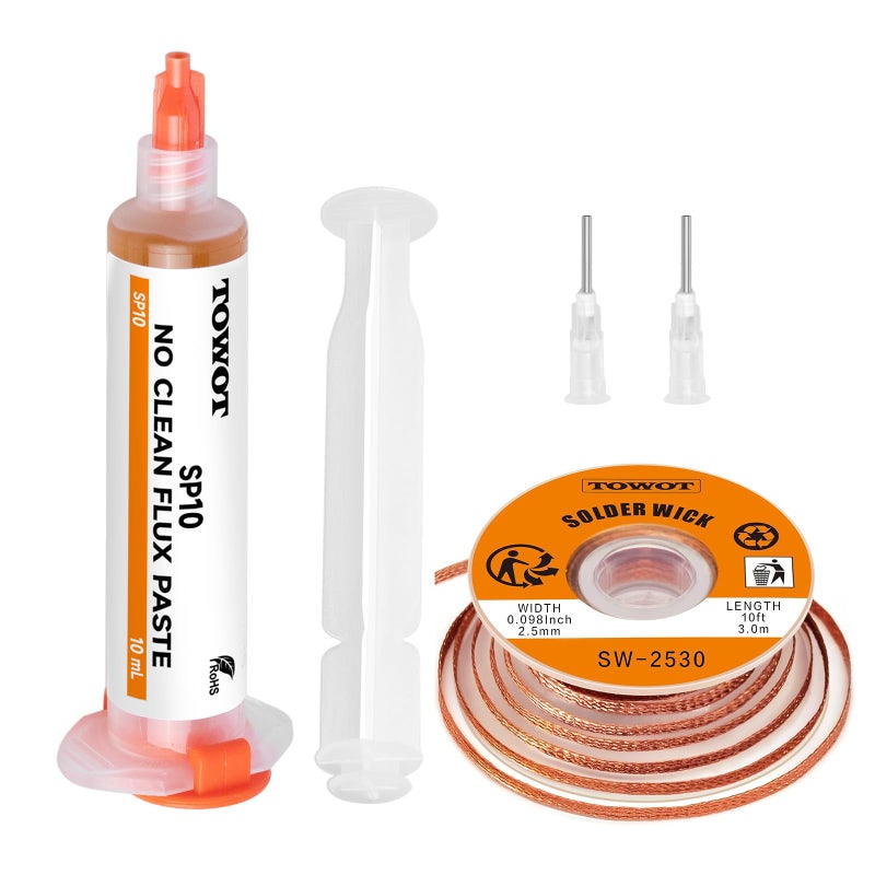 Towot 10Ft Solder Wick Braid & No-Clean Soldering Flux Paste (10Cc) - Desoldering Kit For Electronics Repair  Pcb  Circuit Board Rework - Image 1