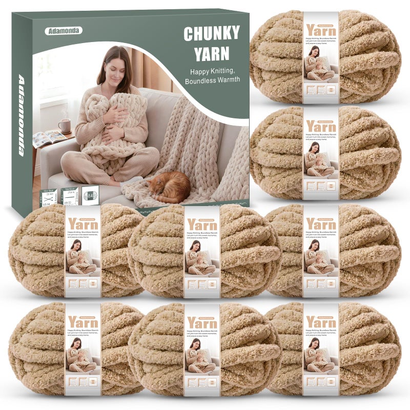 Adamonda Chunky Yarn for Hand Knitting - #8 Chunky Chenille Yarn, Thick Fluffy Chunky Knit Blanket Yarns, Chunky Yarns for Crocheting & DIY Crafts, 8 Skeins (27-28 Yards, 8.4 Ounces Each),Milk Tea Brown - Image 1