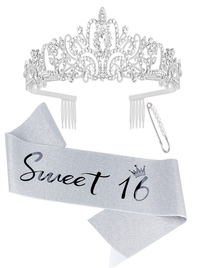 Semato 16th Birthday Tiara and Sash Kit- "Sweet 16"Birthday Decoration 16th Birthday Party Gifts Birthday Party Supplies for Girls (silver) - Image 1