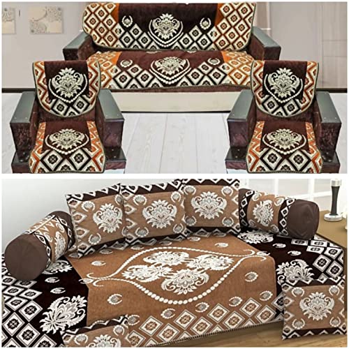 SAWNA HOMES Velvet 5 Seater Sofa Cover Set with Cushion and Diwan Set | 3+1+1 Seater Sofa Cover for Living Room, Drawing Room | Sofa Seat Protector Slip and Back Covers, 14 Pieces (Chiku Coffee) - Image 1