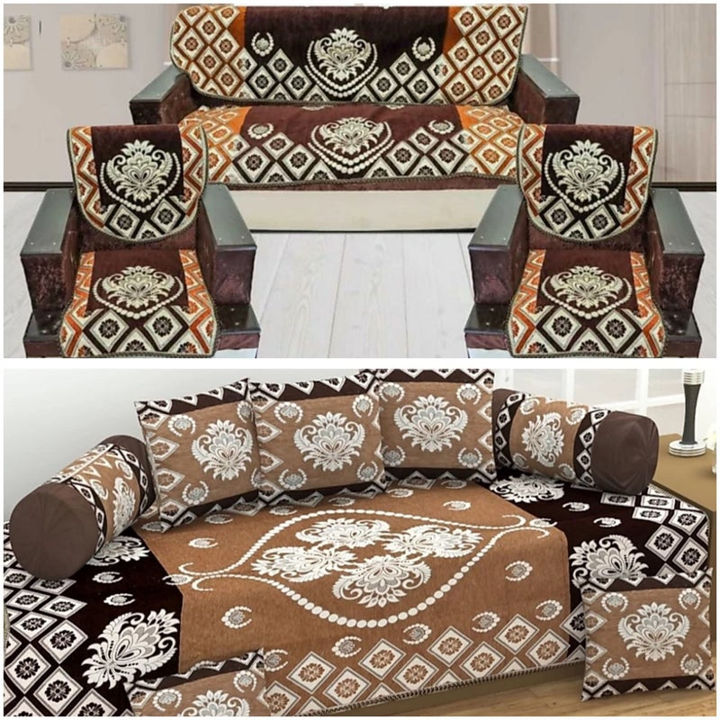 SAWNA HOMES Velvet 5 Seater Sofa Cover Set with Cushion and Diwan Set | 3+1+1 Seater Sofa Cover for Living Room, Drawing Room | Sofa Seat Protector Slip and Back Covers, 14 Pieces (Chiku Coffee) - Image 5