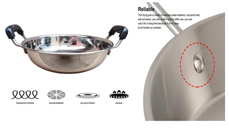 Snevad Snevad Stainless Steel Round Kadai with Handle Deep Frying Cooking Serving Pot Pan Deep Fry Pan Serving Dish Bowl Premium Heavy Gauge Steel Kadai Ideal for Daily Use 2 Liter 42x33x20 CM - Image 3