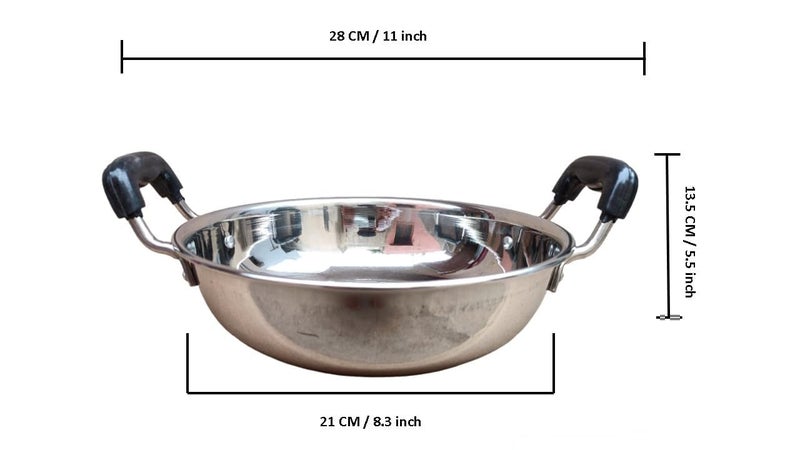 Snevad Snevad Stainless Steel Round Kadai with Handle Deep Frying Cooking Serving Pot Pan Deep Fry Pan Serving Dish Bowl Premium Heavy Gauge Steel Kadai Ideal for Daily Use 2 Liter 42x33x20 CM - Image 2