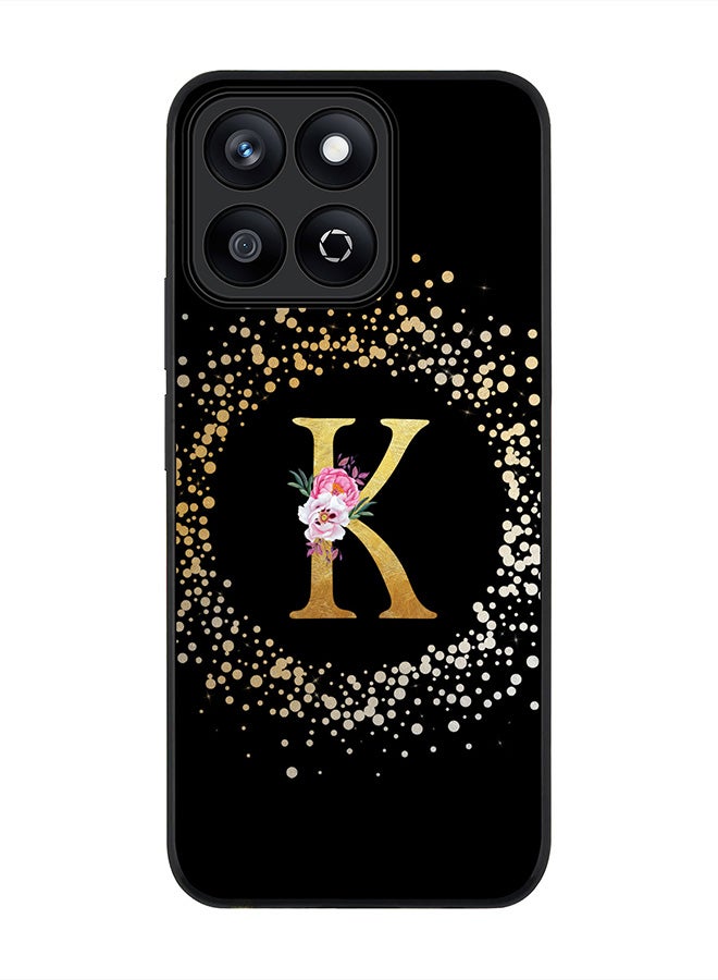 Stylizedd غطاء هاتف Honor X7c 4G، حماية كاميرا نحيفة، غطاء هاتف مضاد للصدمات - مونوغرام زهور مخصص - ك (أسود)  - Image 1