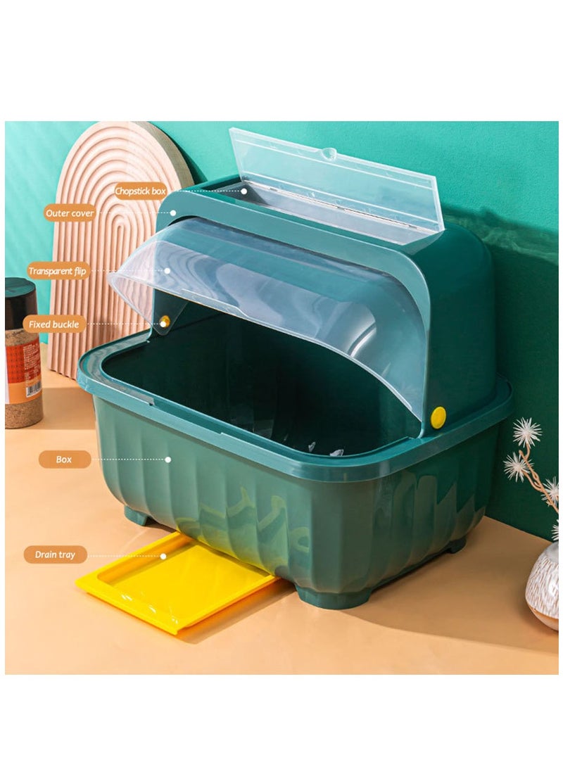 Arabest رف تجفيف الأطباق المغطى للمطبخ، مصفاة أطباق أدوات المائدة، صندوق تخزين تصريف بلاستيكي مقاوم للغبار، حامل أدوات المائدة على شكل سلة، صندوق تخزين أدوات المائدة متعدد الوظائف للمطبخ، تجفيف أطباق المطبخ المغطى - Image 3